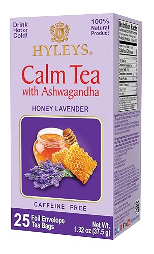 Hyleys Calm Tea with Ashwagandha - Lavender & Honey Flavor - Caffeine-Free, Herbal Tea - 25 Tea Bags - Sleepy Chamomile Bedtime Blend: Natural Herbal