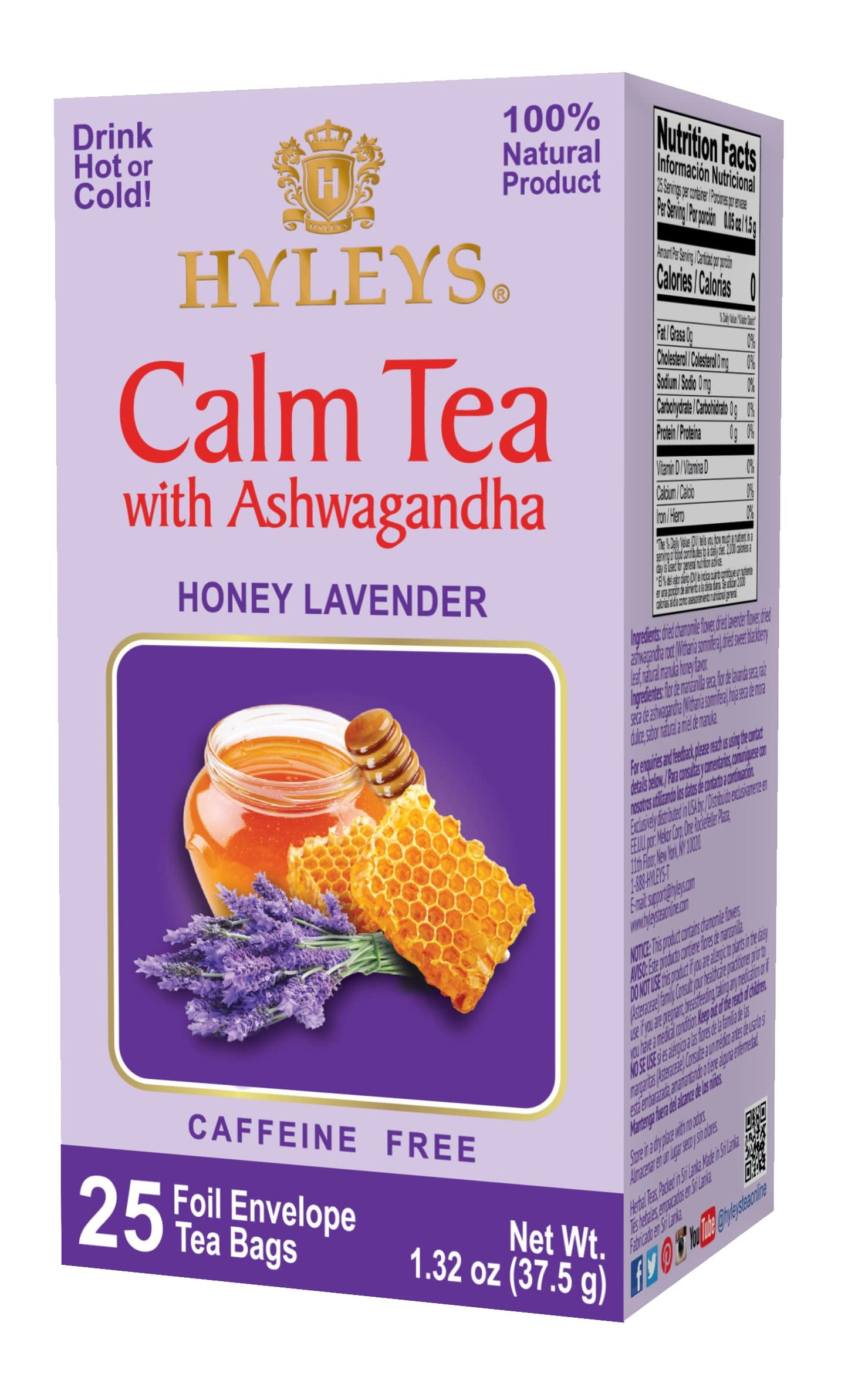Hyleys Calm Tea with Ashwagandha - Lavender & Honey Flavor - Caffeine-Free, Herbal Tea - 25 Tea Bags - Sleepy Chamomile Bedtime Blend: Natural Herbal