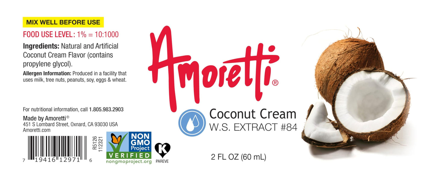 Amoretti - Coconut Cream Extract Water Soluble 2 oz - Highly Concentrated & Perfect For Pastry, Savory, Brewing, and more, Preservative Free, Vegan