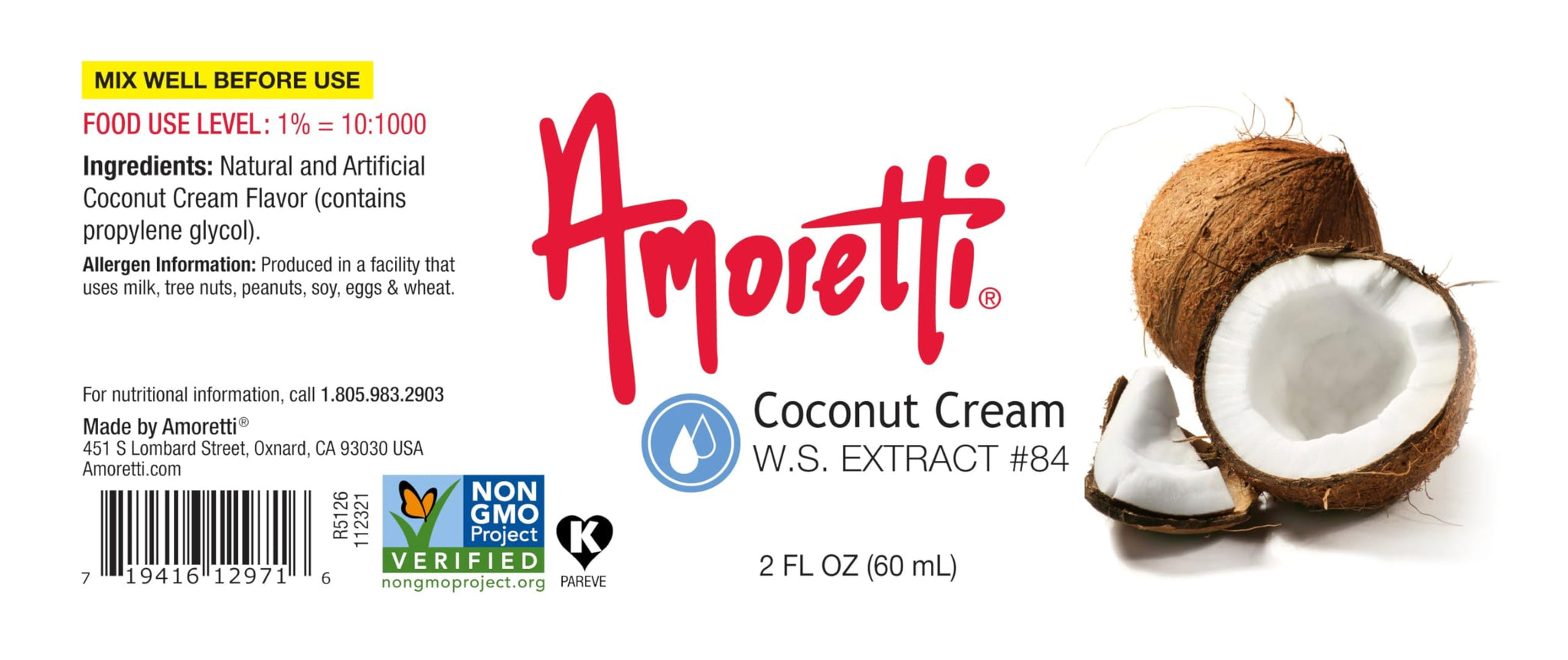 Amoretti - Coconut Cream Extract Water Soluble 2 oz - Highly Concentrated & Perfect For Pastry, Savory, Brewing, and more, Preservative Free, Vegan