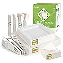 Compostable Disposable Paper Plates Set -[300 Pcs]10 inch 8 inch Heavy Duty Biodegradable Square Plates and Spoons,Forks,Knives,Napkins-Eco-Friendly