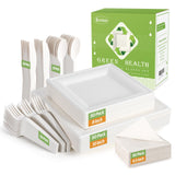Compostable Disposable Paper Plates Set -[300 Pcs]10 inch 8 inch Heavy Duty Biodegradable Square Plates and Spoons,Forks,Knives,Napkins-Eco-Friendly