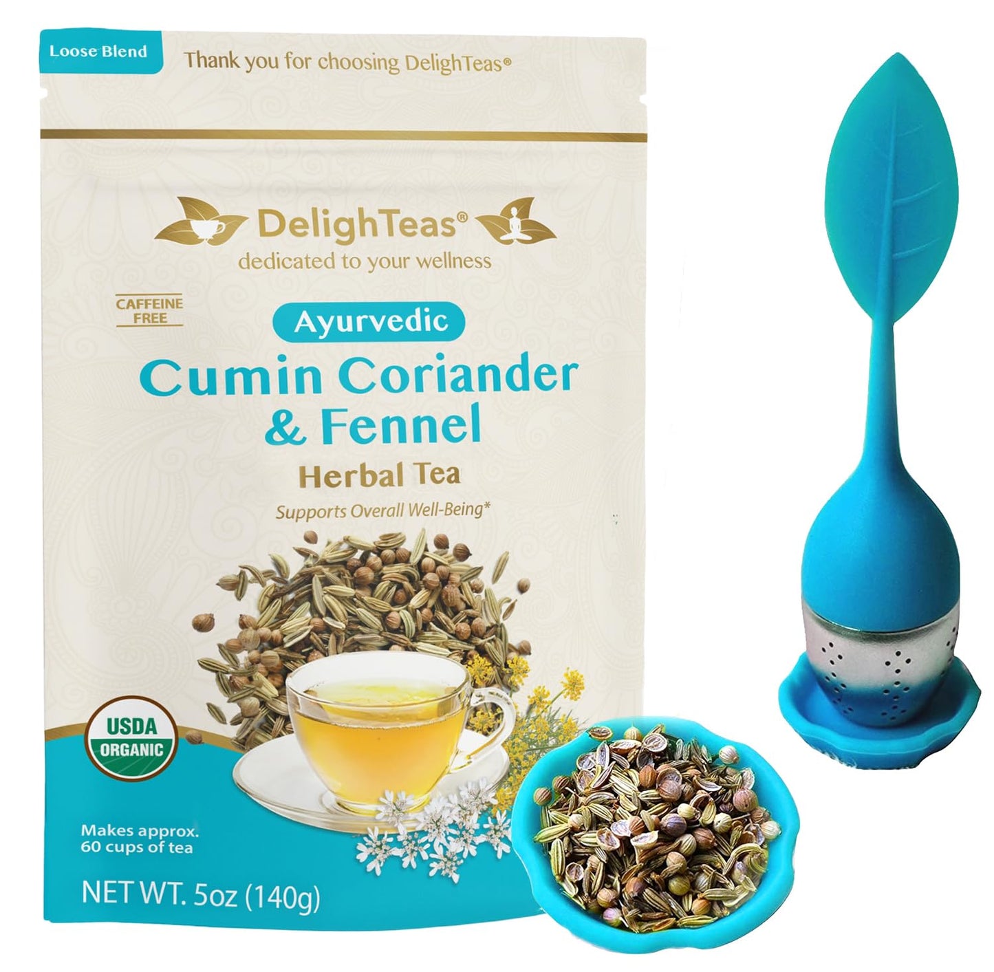 DelighTeas Organic Digest & Detox CCF Tea | Ayurvedic Cumin, Coriander, Fennel Loose Leaf | with BPA-Free Infuser | 60 Servings, 5 oz.