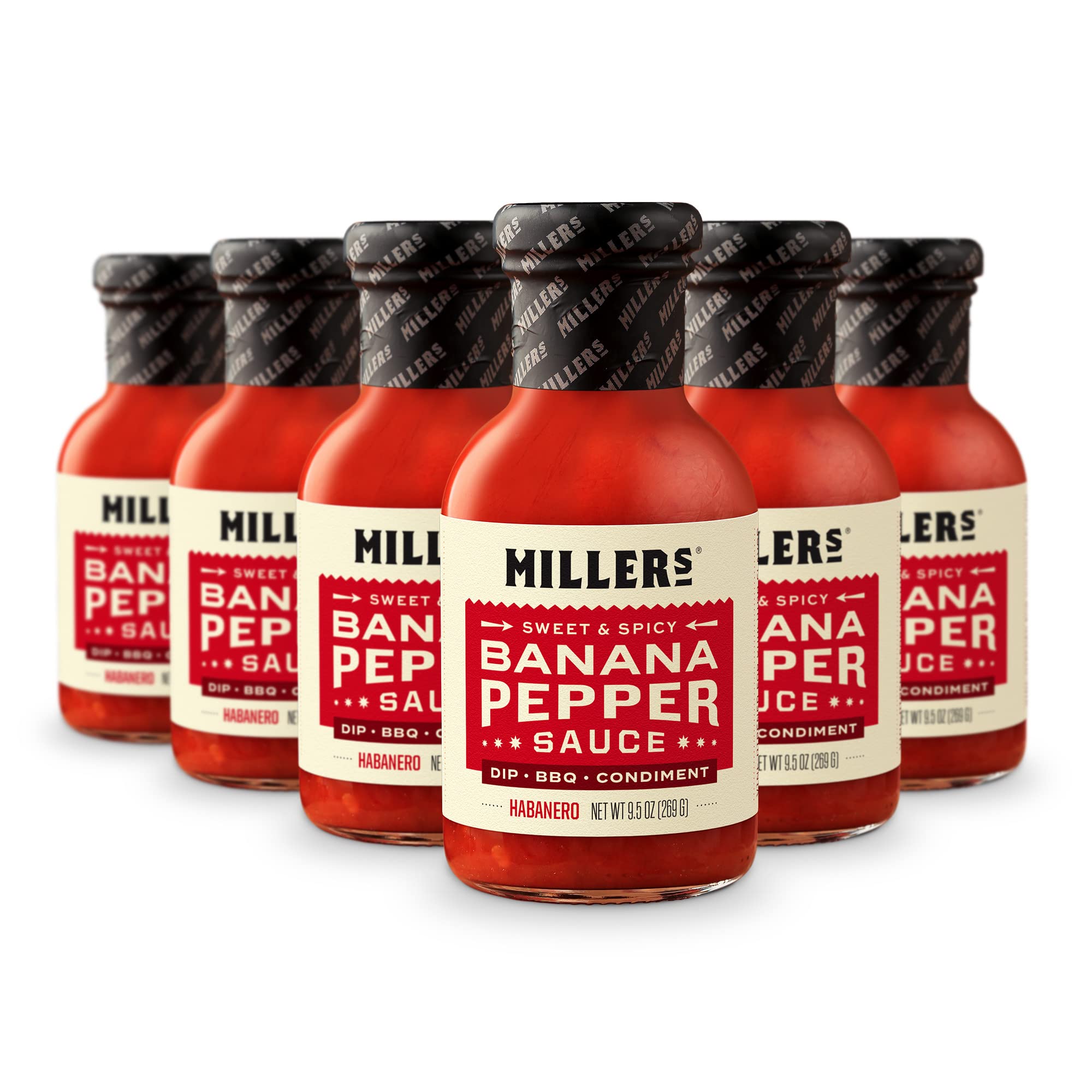 Miller's Banana Pepper Habanero Hot Sauce, Sweet Spicy Banana Pepper Sauce - Best Use for Grilled Meats, BBQ Rub, Chicken Wing, Sandwich 9.5 OZ (Pack