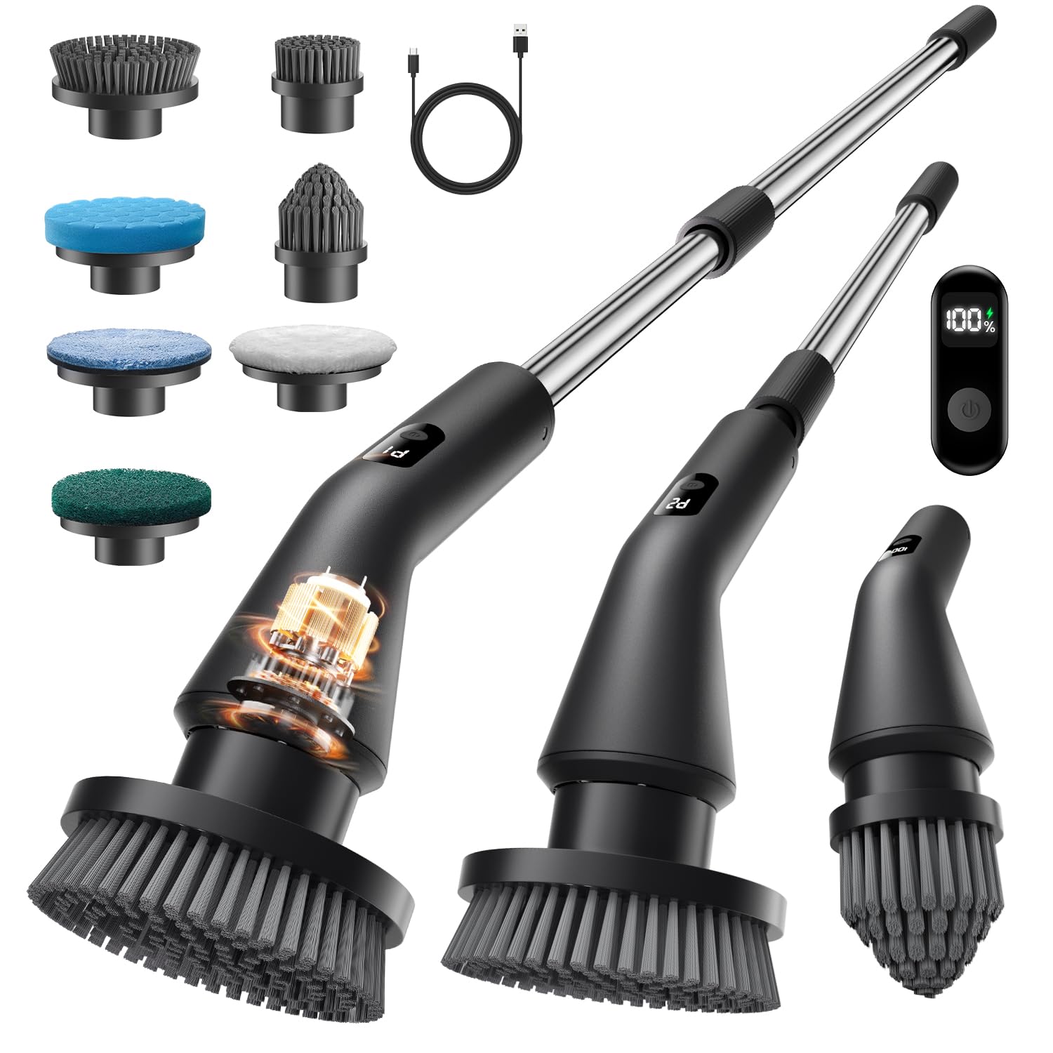 Topmako Electric Spin Scrubber, Upgraded IPX7 Cordless Cleaning Brush for Bathroom Shower, Household Cleaning Scrubber with 7 Brush Heads, Adjustable