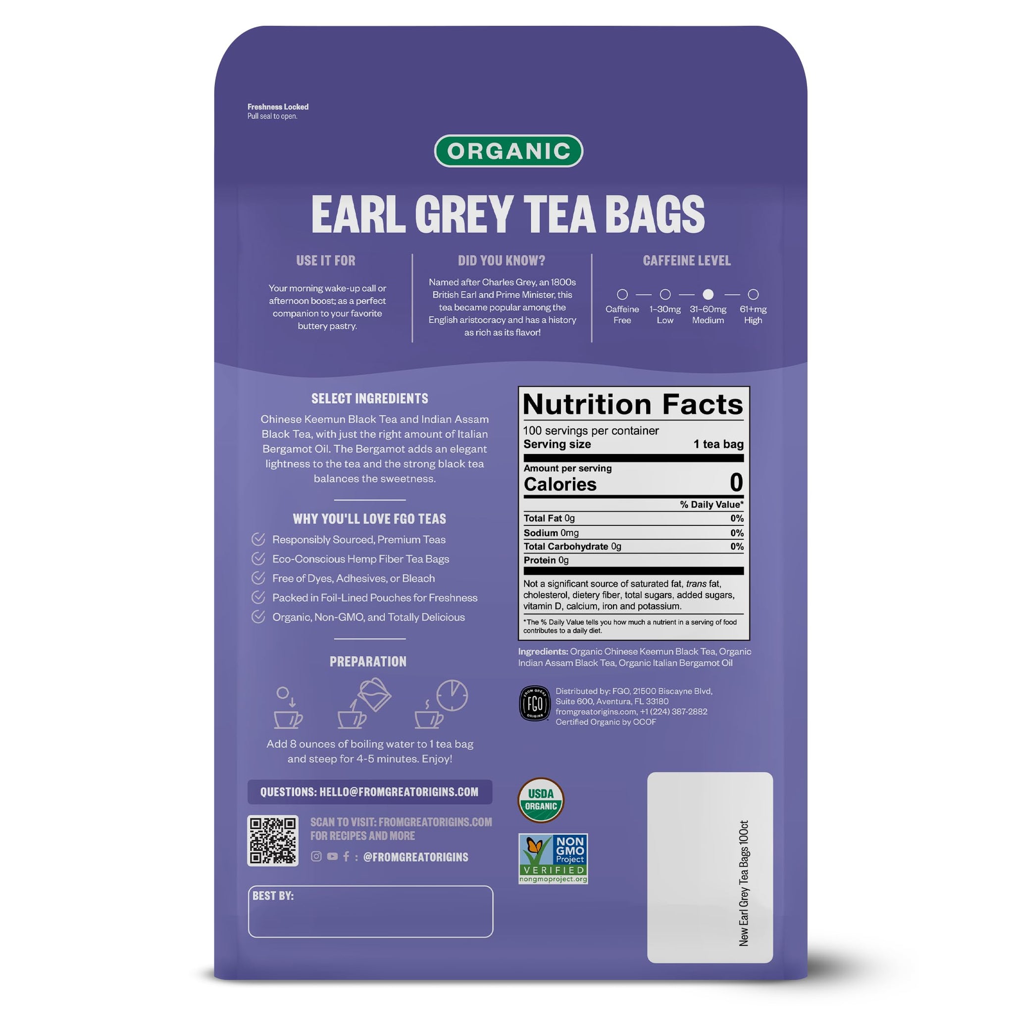 FGO Organic Earl Grey Black Tea, 100 Count, Eco-Conscious Tea Bags, Resealable Bag, Packaging May Vary (Pack of 1)