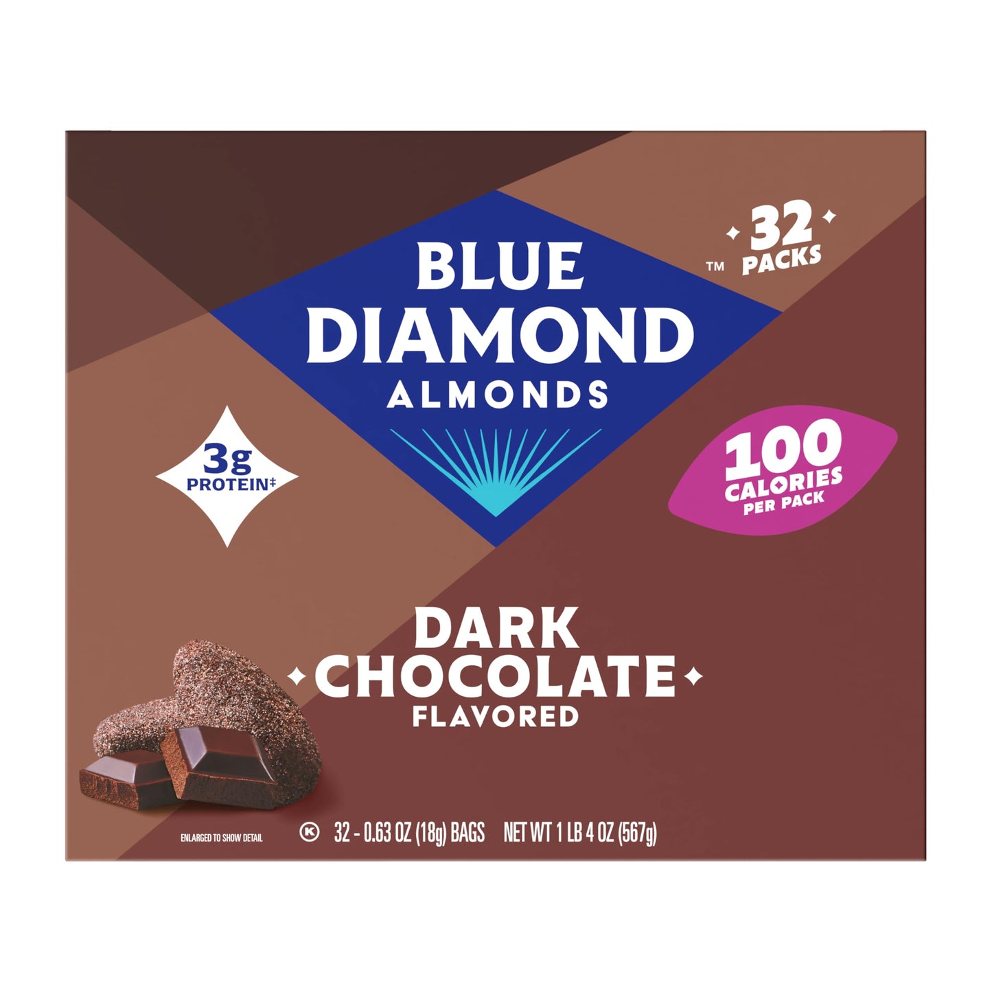 Blue Diamond Almonds Dark Chocolate Cocoa Dusted Snack Nuts, 100 Calorie Packs, (Pack of 1, 32 Count Toal)