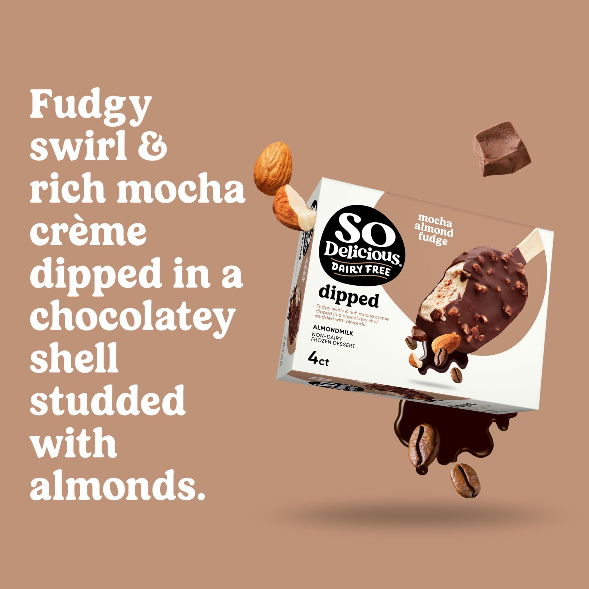 So Delicious Dairy Free Almond Milk Dipped Frozen Dessert Bar, Mocha Almond Fudge, Vegan, Non-GMO Project Verified, 4 Count (Pack of 1)