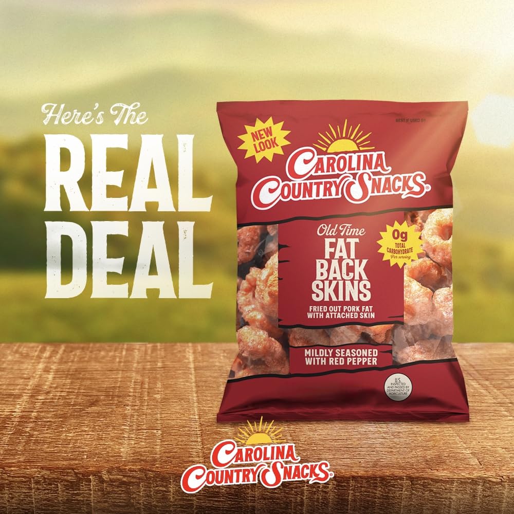 Carolina Country Snacks - Old Time Fatback Skin 1.75oz,12 bags - Classic Crunch with a Spicy Kick