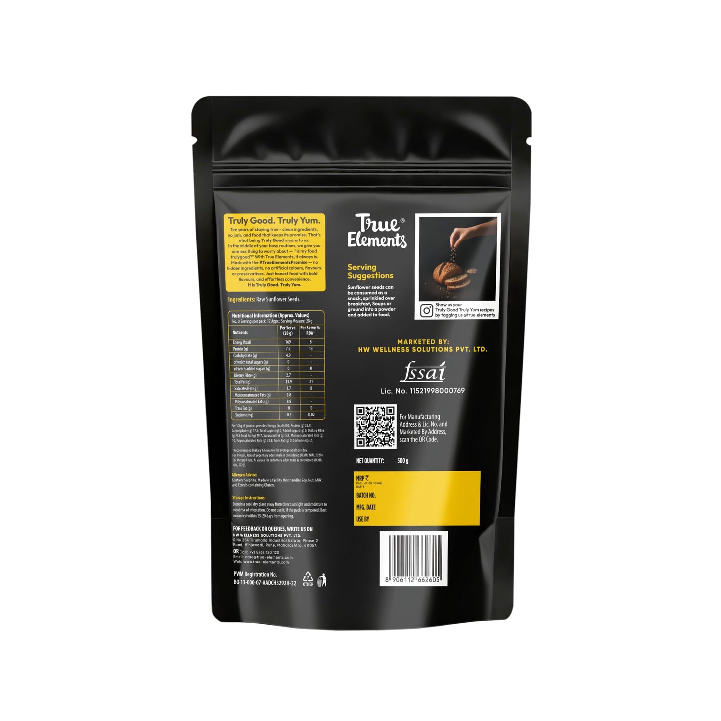 True Elements Raw Sunflower Seeds, 500g