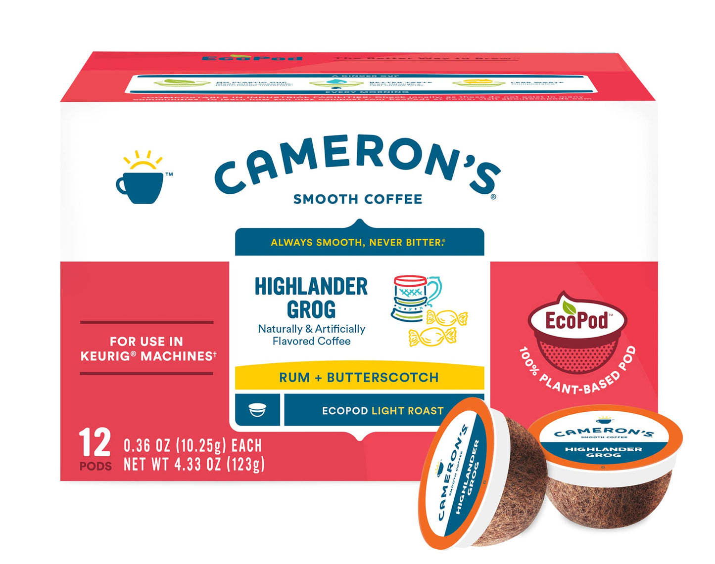 Cameron's Coffee Single Serve Pods, Flavored, Highlander Grog, 12 Count (Pack of 1)