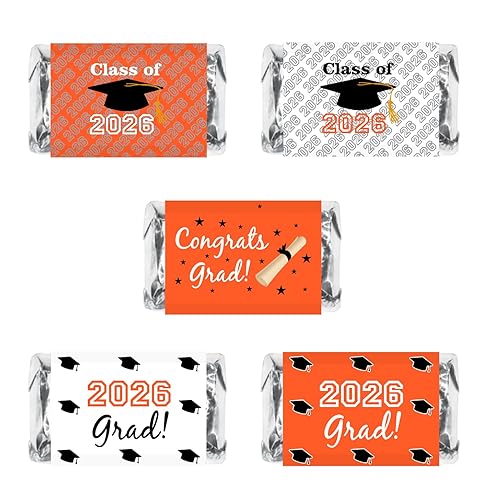 60 New Graduation Cap Party Class of 2026 Miniatures Candy Bar Wrapper, Mini Candy Chocolate Bar Stickers, Labels, Candy Not Included, Color Orange