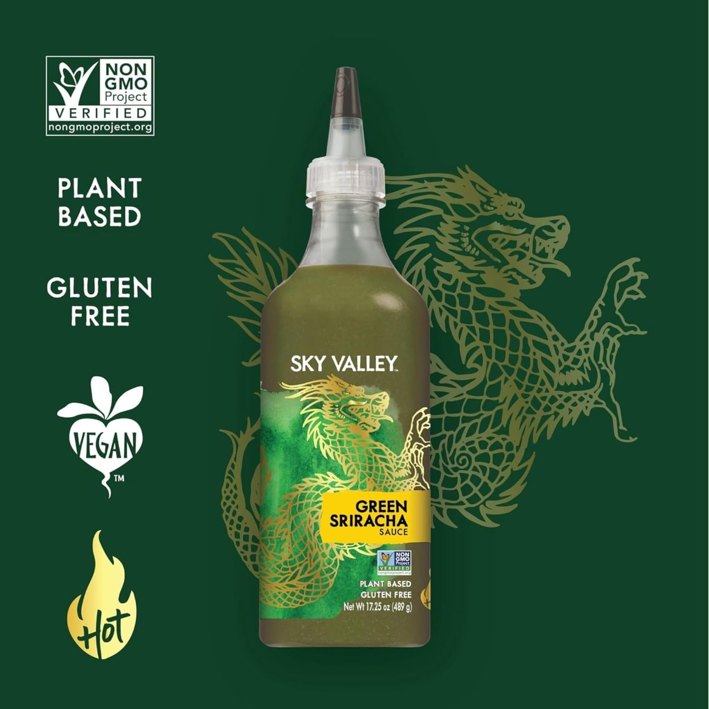 Sky Valley Green Sriracha Sauce - Spicy Green Sriracha Hot Sauce, Lime, Jalapeno Pepper, Cilantro, Plant Based, Vegan - 17.25 Oz Each, (Pack of 2)