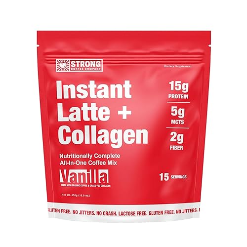 Strong Coffee Co. Vanilla Instant Latte | Organic Coffee with Collagen Protein | Lion’s Mane & L-Theanine | Adaptogens & Nootropics | 15 Servings