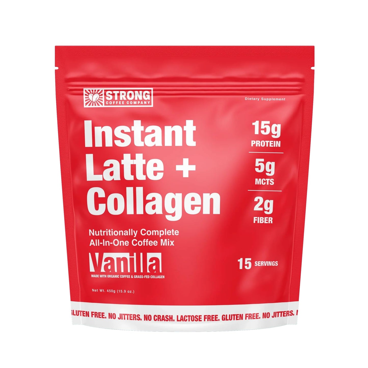 Strong Coffee Co. Vanilla Instant Latte | Organic Coffee with Collagen Protein | Lion’s Mane & L-Theanine | Adaptogens & Nootropics | 15 Servings