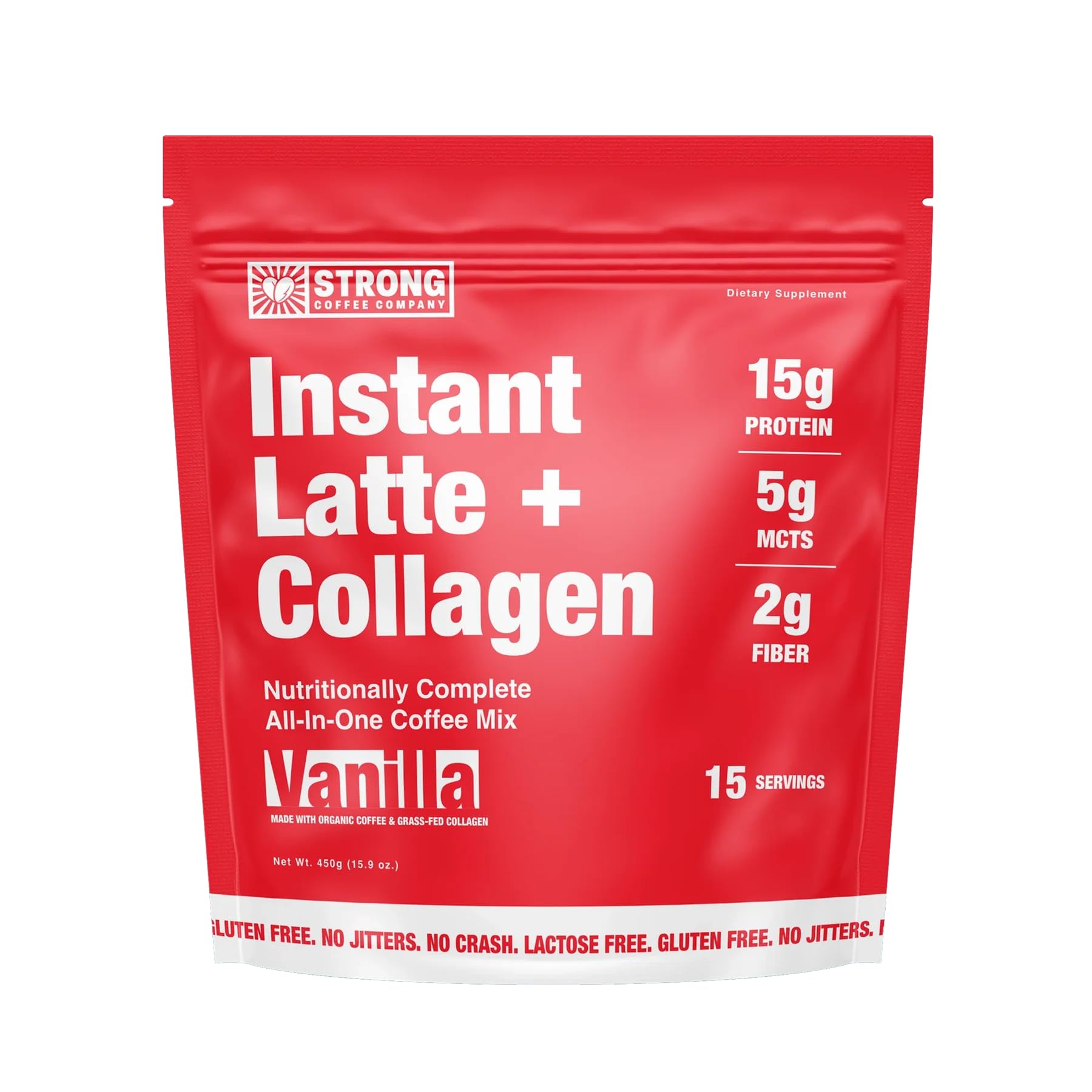 Strong Coffee Co. Vanilla Instant Latte | Organic Coffee with Collagen Protein | Lion’s Mane & L-Theanine | Adaptogens & Nootropics | 15 Servings