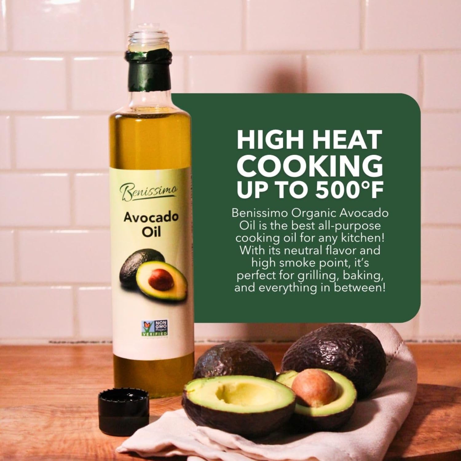100% Pure Avocado Oil in Glass Bottle, Allergen-Free and Non-GMO, Premium Cold-Pressed Cooking Oil for Sautéing, Baking, Grilling, and Salad