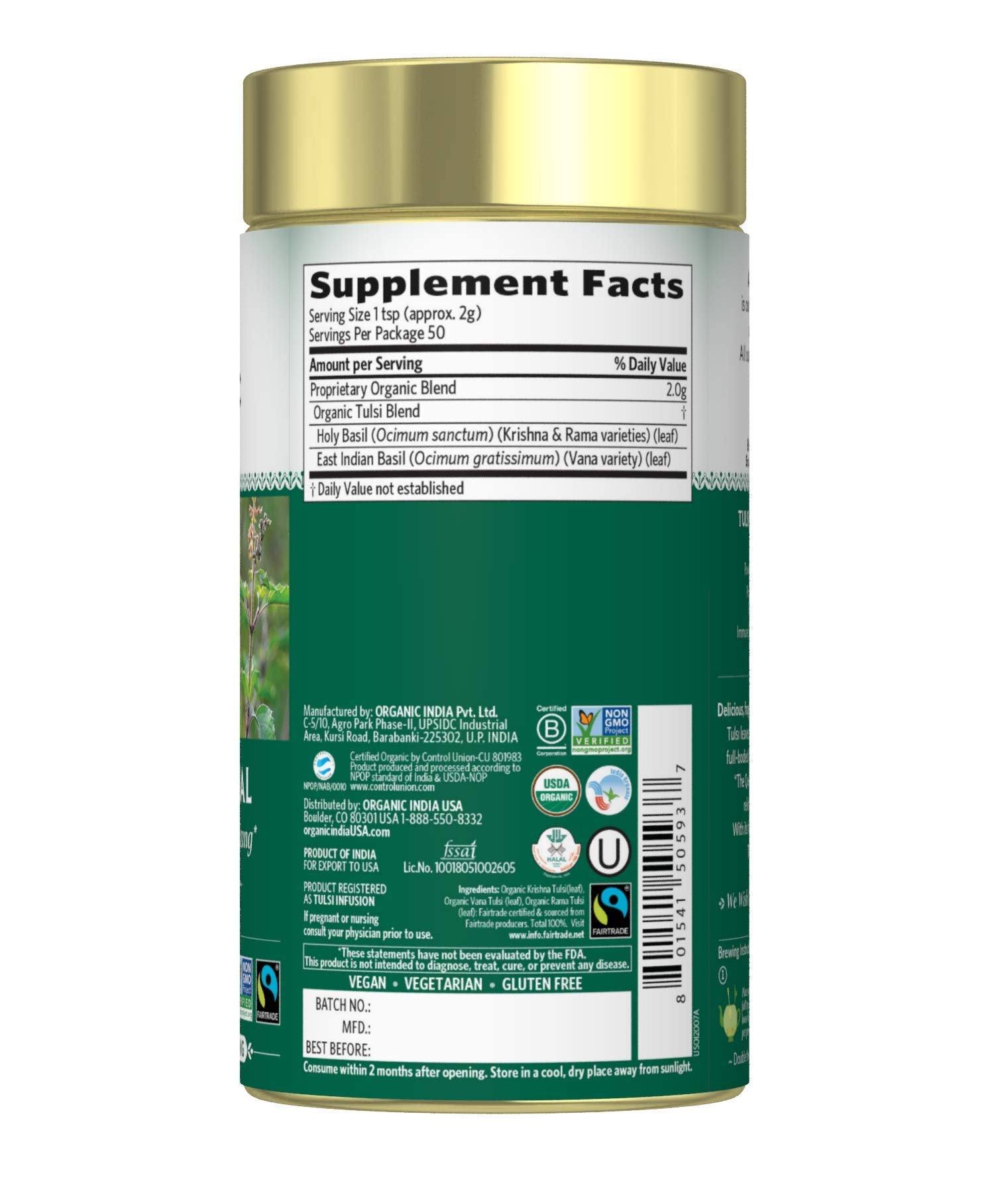 Organic India Tulsi Original Herbal Tea - Loose Leaf Holy Basil and African Basil Calming and Stress Relief Tea, Immune Support, USDA Certified