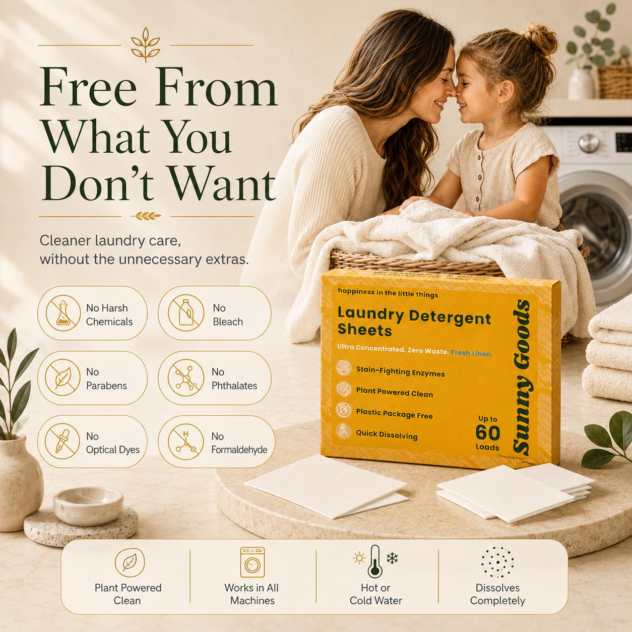 Sunny Goods Laundry Detergent Sheets with Plant Powered Stain-Fighting Enzymes - 60 Loads - Concentrated Liquidless Laundry Soap Sheets - Home