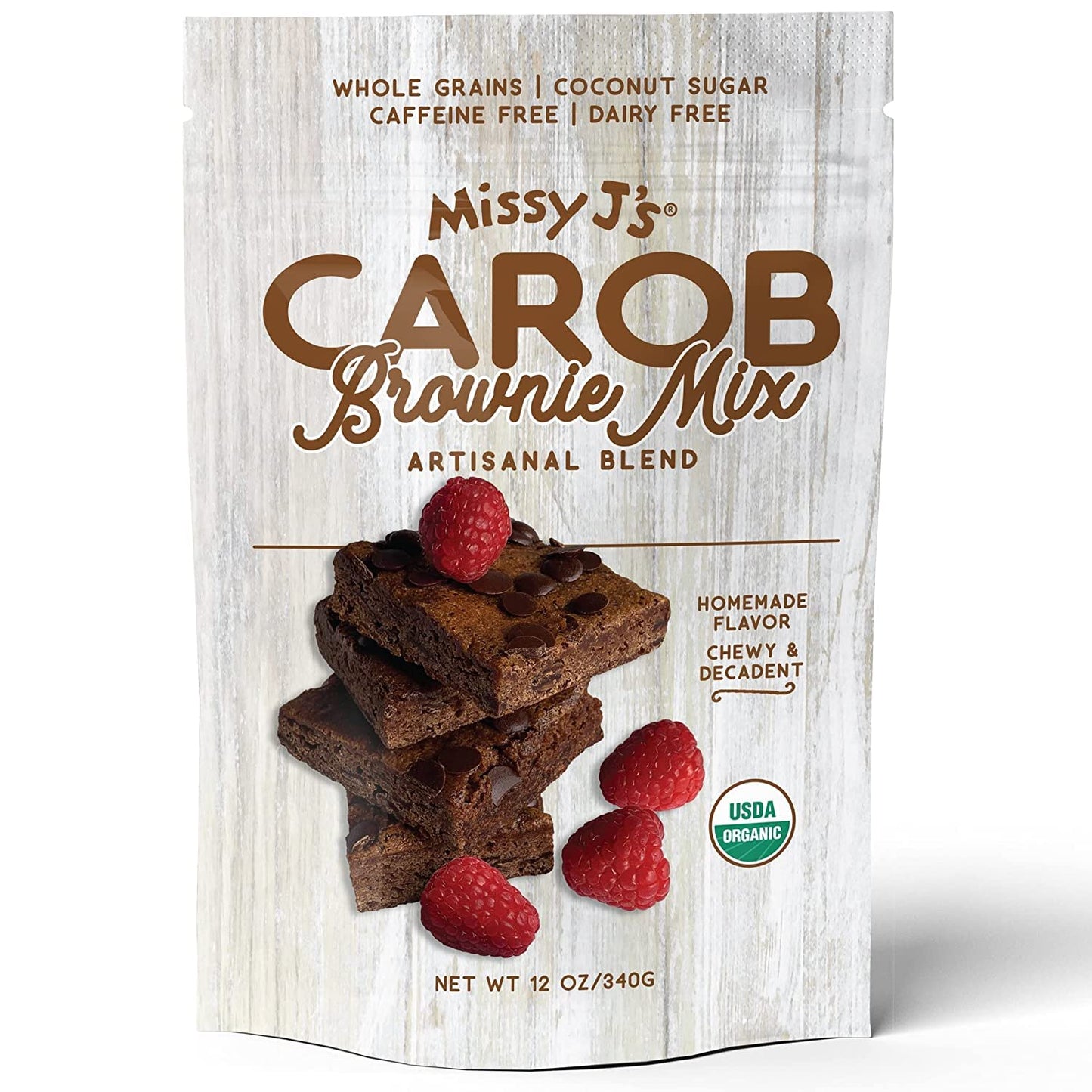 Missy J's Organic Carob Brownie Mix 12 Oz 1 Pack | Carob Made w/Coconut Sugar, Vegan and Dairy Free | Healthy Caffeine Free Substitute for Chocolate, Perfect Chewy Dessert