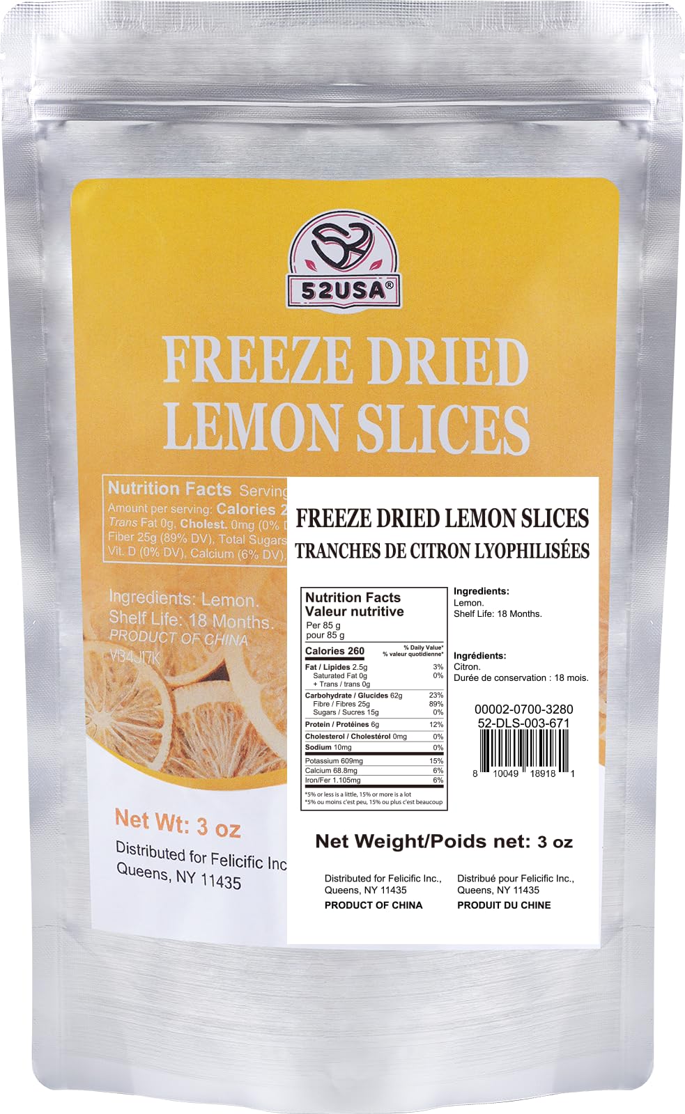 52USA Freeze Dried Lemon Slices, 3oz (85g), Dehydrated Lemon Slices for Teas, Infused Water, All Natural, No Additives, No Sugar Added, Dried Fruit