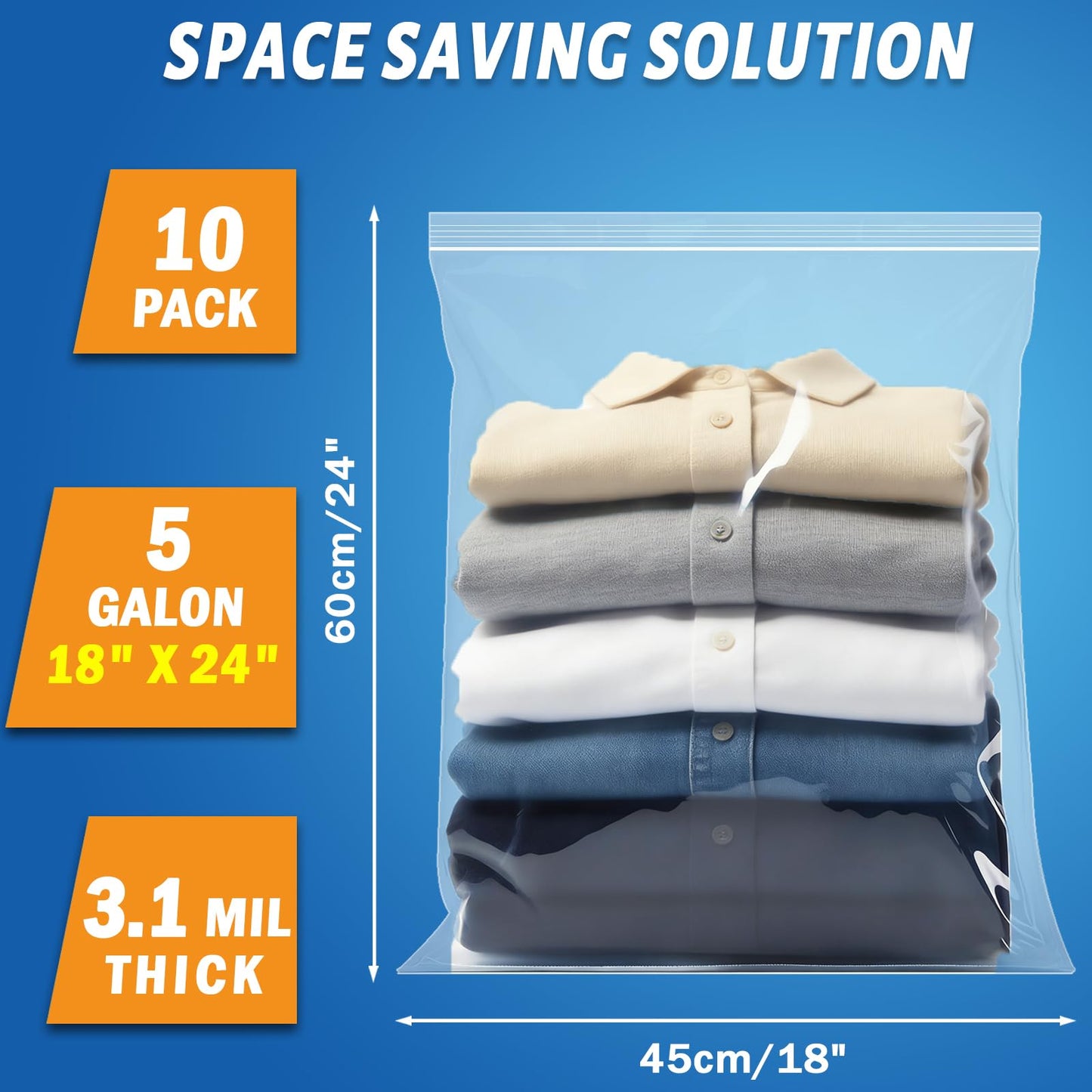 Extra Large Storage Bags - Zipper Seal, 3.1-mil Thick, Heavy Duty, 5 Gallon 18" x 24", Jumbo Plastic Bags for Clothes, Travel, Moving, Large Reusable
