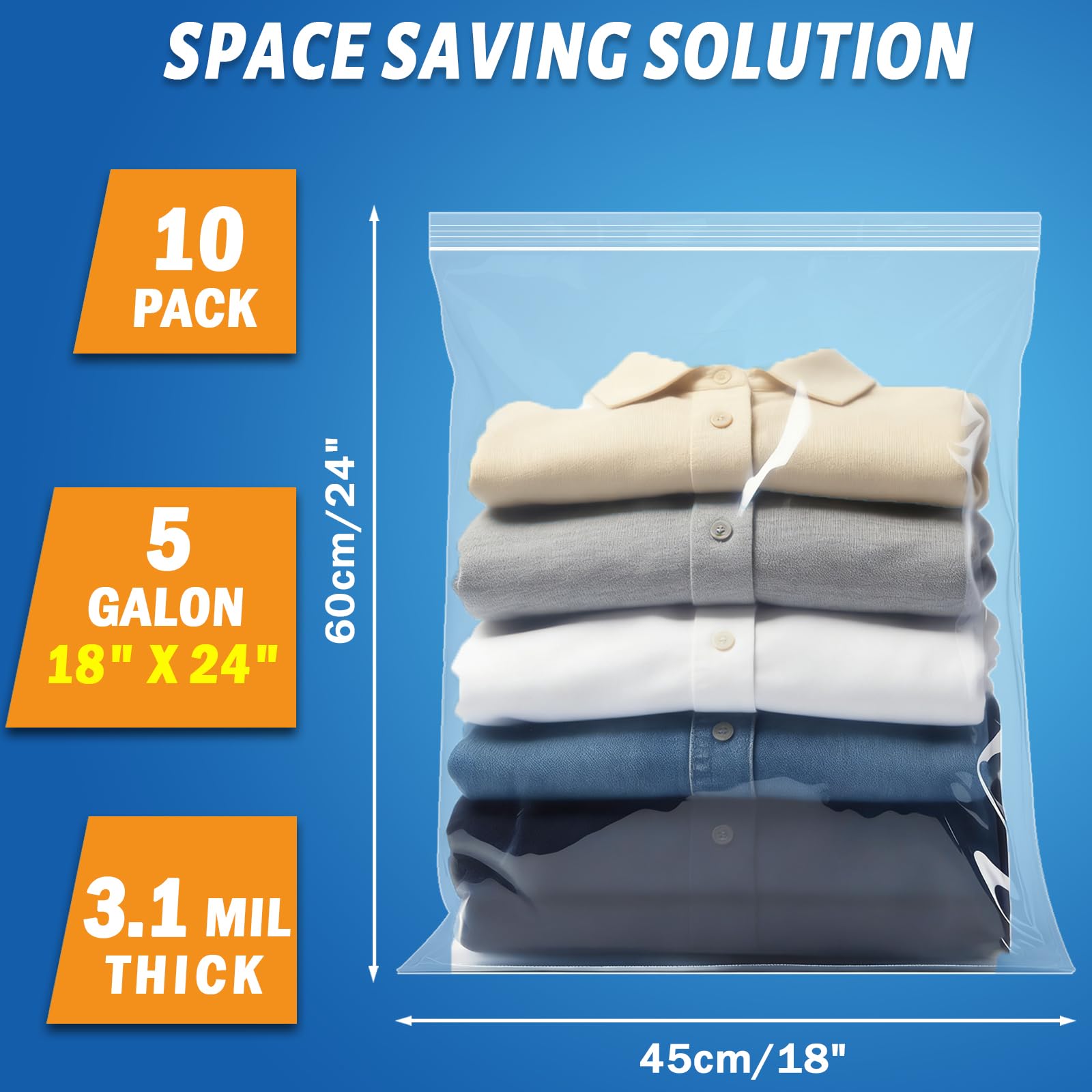 Extra Large Storage Bags - Zipper Seal, 3.1-mil Thick, Heavy Duty, 5 Gallon 18" x 24", Jumbo Plastic Bags for Clothes, Travel, Moving, Large Reusable