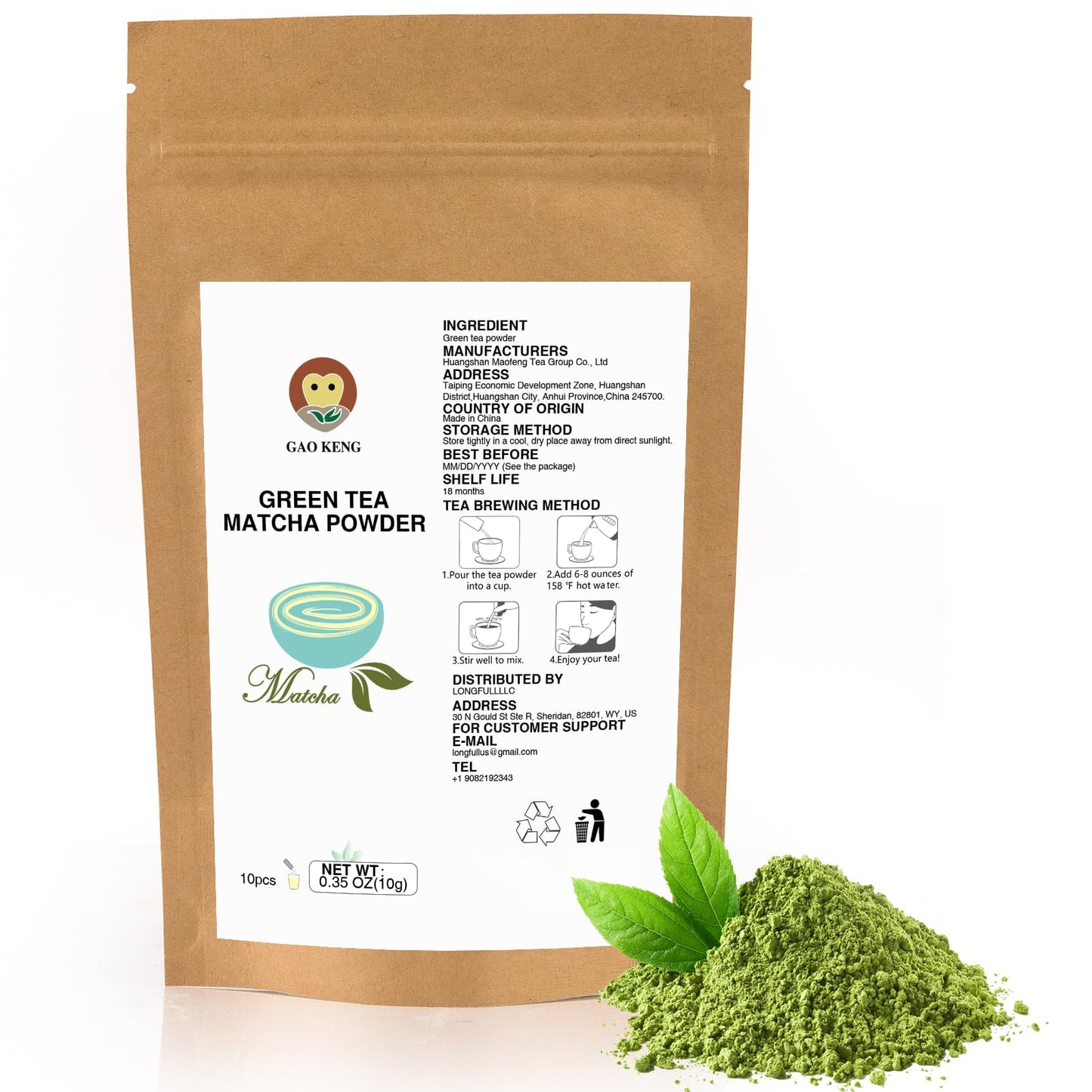 Taiping HK Green Matcha Tea 10 Single Serve Stick Packs For Cooking, Baking, Latte, Smoothie, Hot & Iced Drinks - Antioxidant-Rich, Helps Support