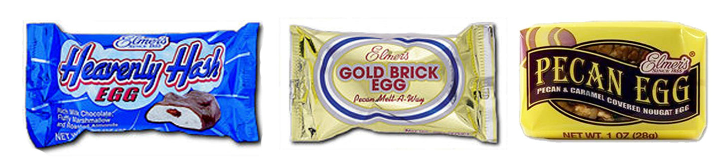 Elmer's Gold Brick Eggs (24 Individual Eggs) , Elmer's Heavenly Hash Eggs(24 Individual Eggs), and Elmer's Pecan Nougat Eggs (24 Individual Eggs)