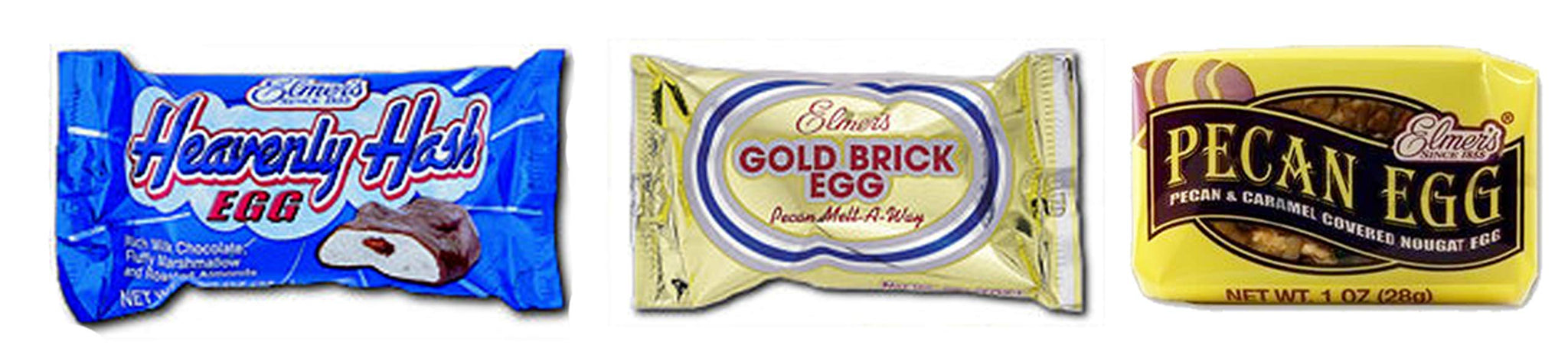 Elmer's Gold Brick Eggs (24 Individual Eggs) , Elmer's Heavenly Hash Eggs(24 Individual Eggs), and Elmer's Pecan Nougat Eggs (24 Individual Eggs)