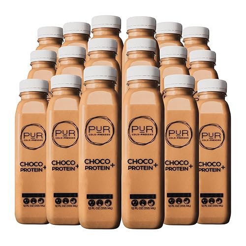 PUR Cold-Pressed Juice - Nut Mylk + Daily Protein 18 Pack - Choco - Plant-Based Drink with Almond & Coconut Milk, Dates, Pea Protein, Cocoa, Cinnamon