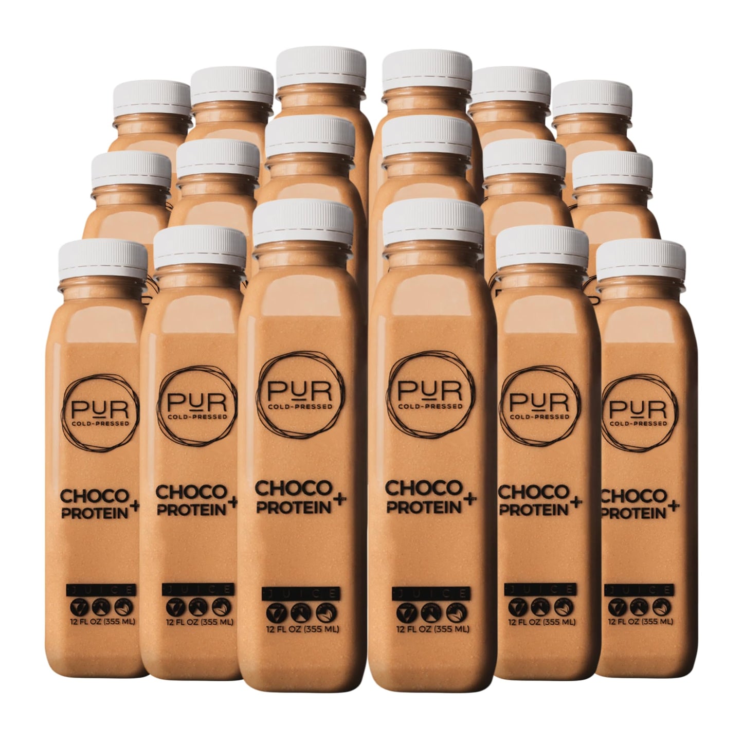 PUR Cold-Pressed Juice - Nut Mylk + Daily Protein 18 Pack - Choco - Plant-Based Drink with Almond & Coconut Milk, Dates, Pea Protein, Cocoa, Cinnamon