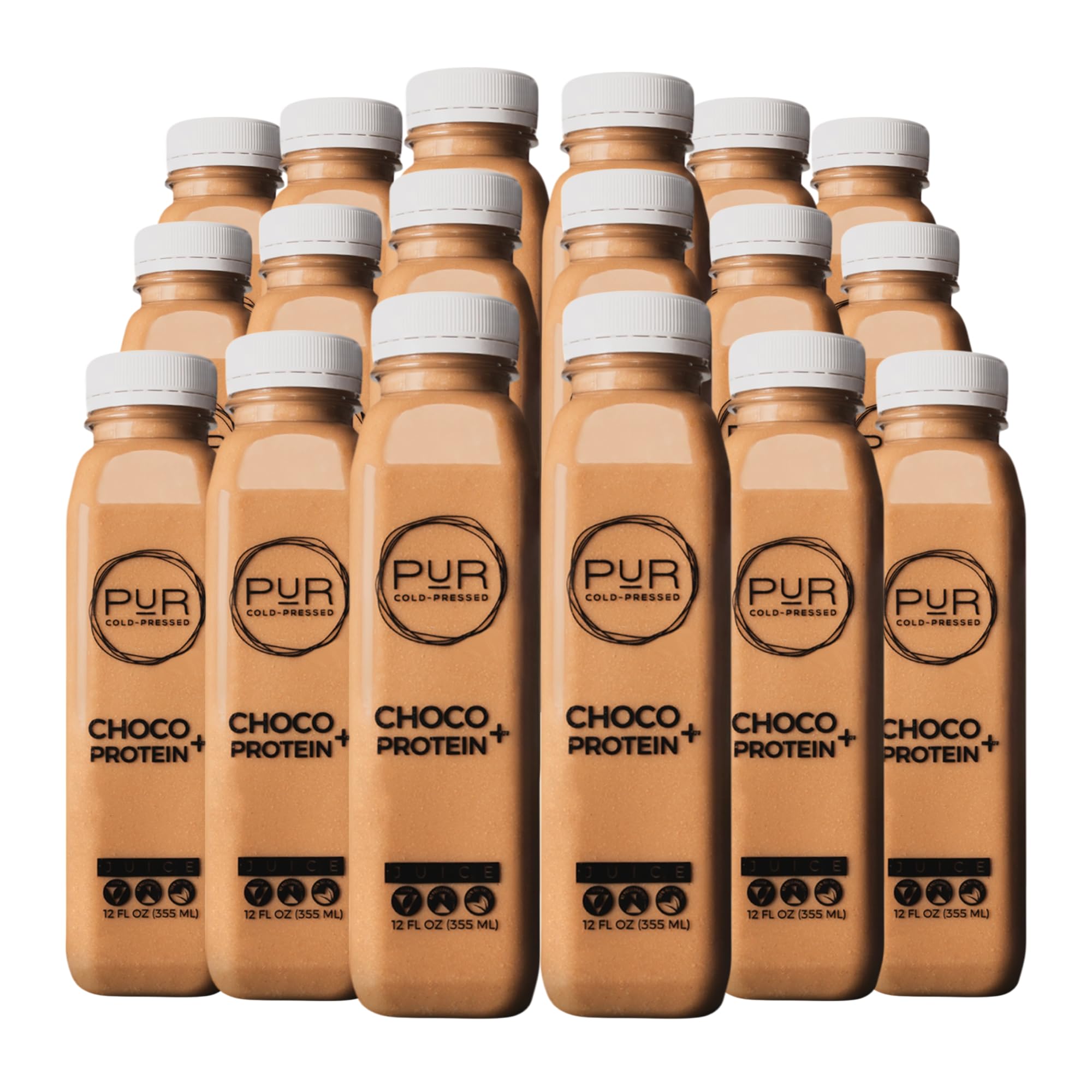 PUR Cold-Pressed Juice - Nut Mylk + Daily Protein 18 Pack - Choco - Plant-Based Drink with Almond & Coconut Milk, Dates, Pea Protein, Cocoa, Cinnamon