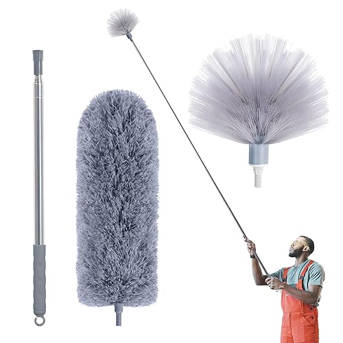 IVYROLL Cobweb Duster with Extension Pole, Spider Web Brush & Ceiling Cleaning Kit, 100" Microfiber Feather Duster Cleaner with Washable Head