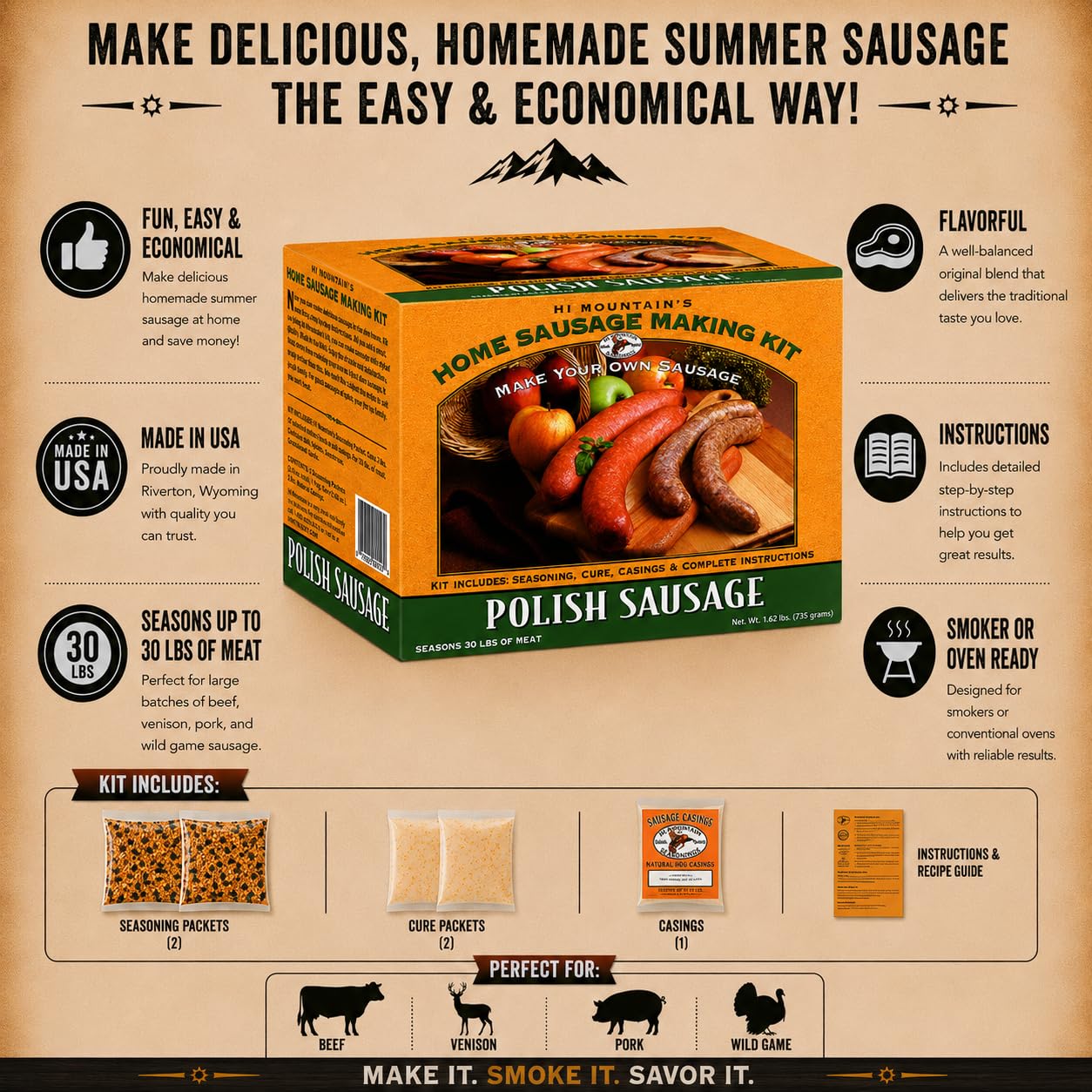Hi Mountain Seasonings ? POLISH Sausage Making Kit ? Includes Sausage Seasoning, Cure, Natural Hog Casings, and Simple-to-Follow Directions ? Creates