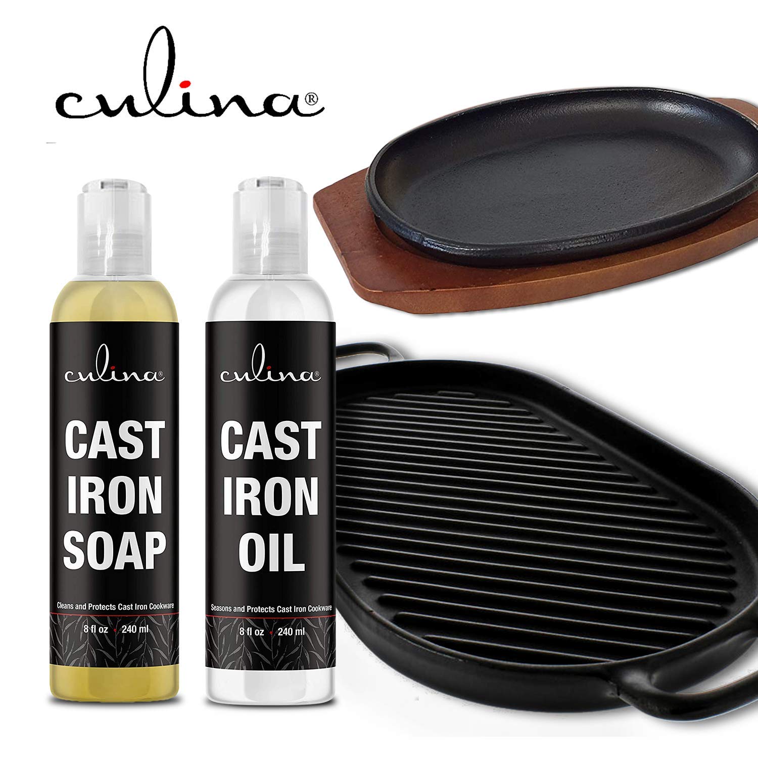 Cast-Iron Cleaning Kit, A Cleanser and Cleaner 8 oz Bundled with Cast-Iron Conditioner Oil 8 oz by Culina Kosher Certified