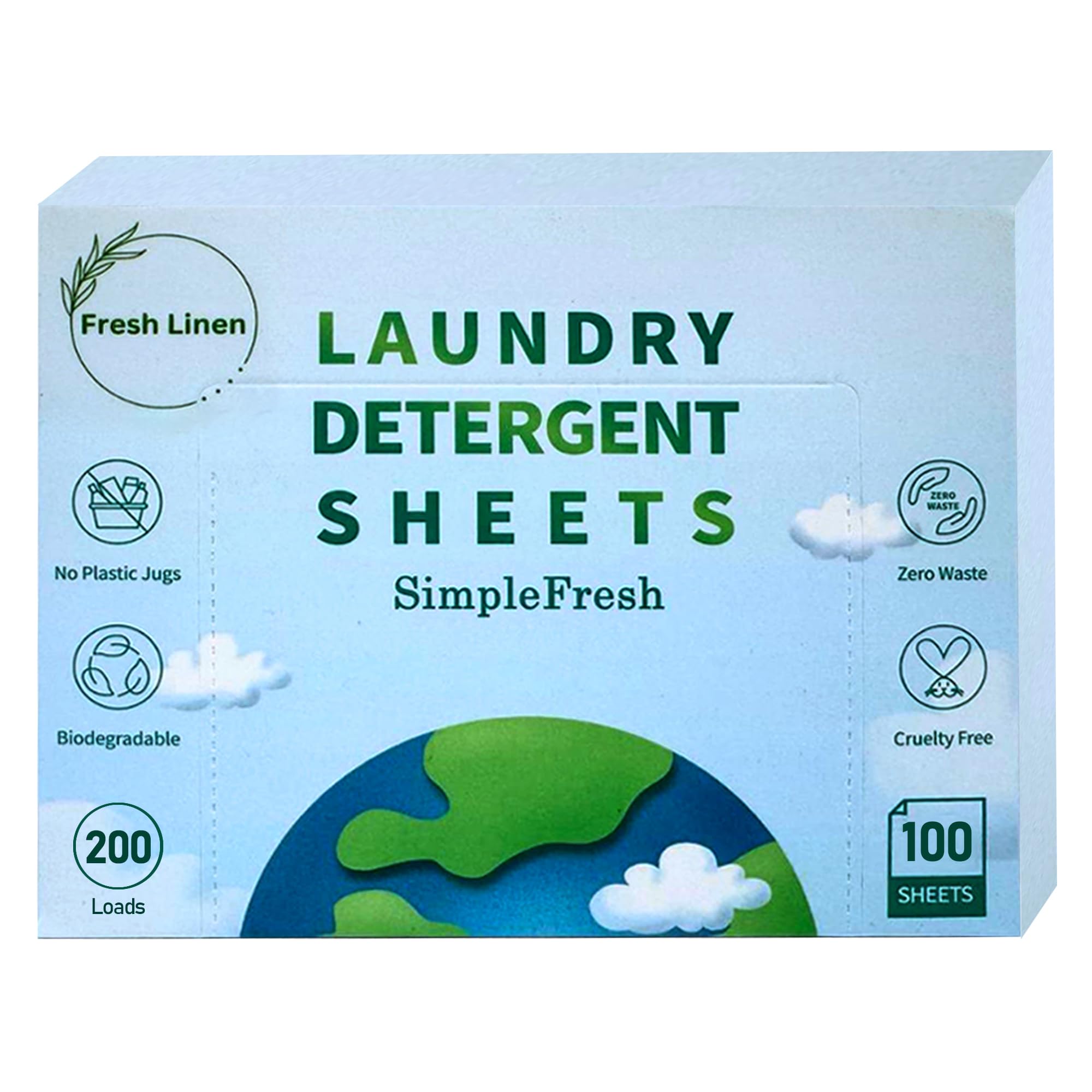 Simple Fresh Laundry sheets pack of 100, Fresh Scent - Laundry Detergent Sheets, Eco-Friendly, Plant-Based, Hypoallergenic, No Plastic Jug (200 Loads