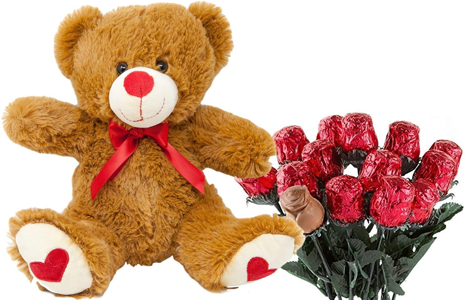 Valentines Day Gift Basket | Teddy Bear Plush 12 Inches (Color may Vary) & A dozen Belgian Milk Chocolate Rose Bouquet | For Her Wife Girlfriend