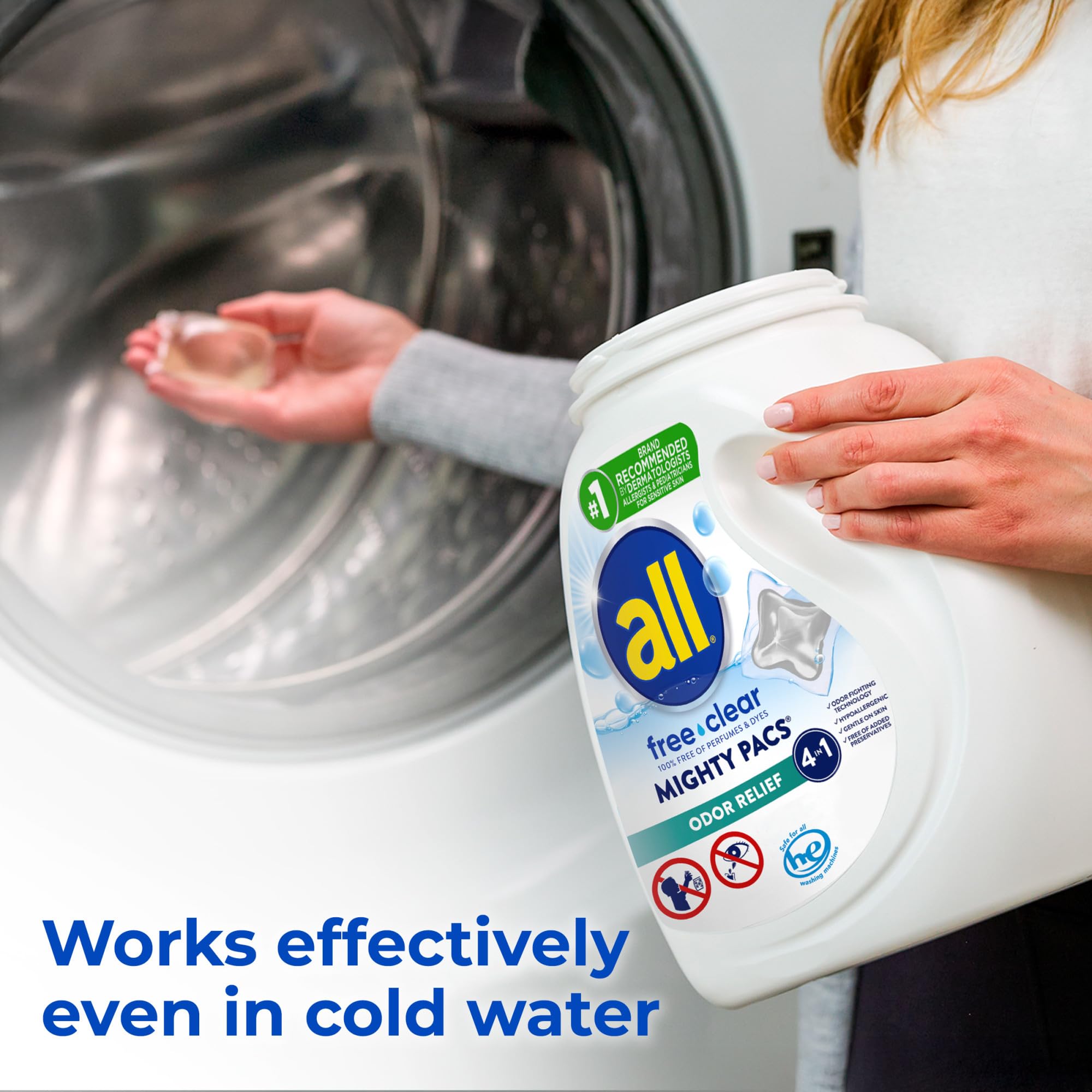 All Mighty Pacs Laundry Detergent Free Clear Odor Relief, Tub, 56 Count