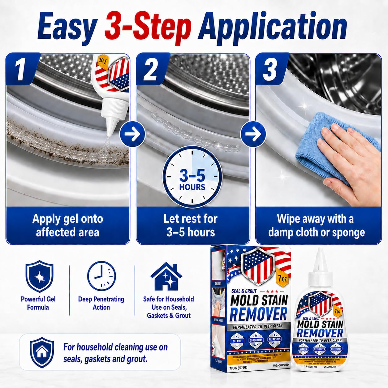 7 FL OZ Mold Stain Remover Gel, Help Remove Tough Stain Buildup, Thick Cleaning Gel for Washing Machine Seals, Dishwasher & Refrigerator Gaskets