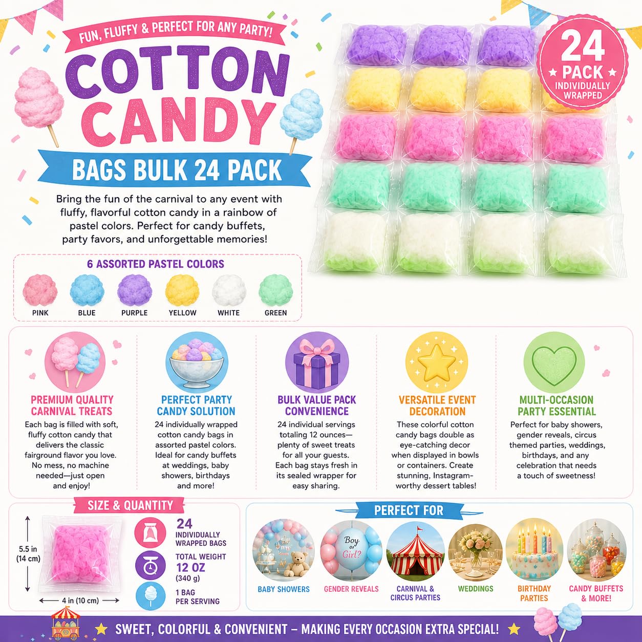 Fun Express Cotton Candy Bags Bulk 24 Pack - Pink Blue Purple Yellow White Green Individually Wrapped Party Favors for Baby Shower, Gender Reveal