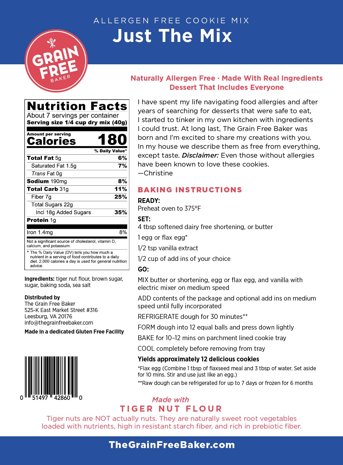 The Grain Free Baker - Allergen-Free Cookie Mix, Gluten-Free, Dairy-Free, Soy-Free, Nut-Free, Easy to Use, Add Anything You Like (oz, naturaly sweet)