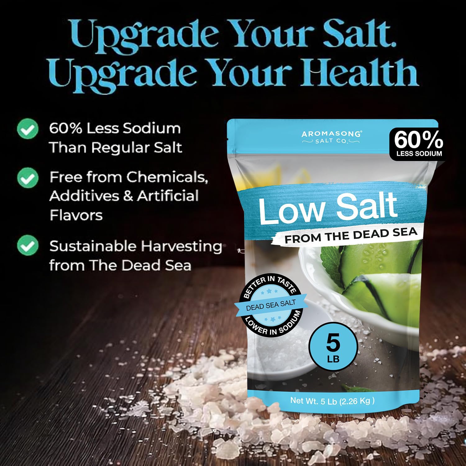 Aromasong Low Sodium Sea Salt - 100% Natural - 60% Less Sodium - Bulk 5 Lb Bag - Fine Grain Dead Sea Potassium Chloride with Dead Sea Salt