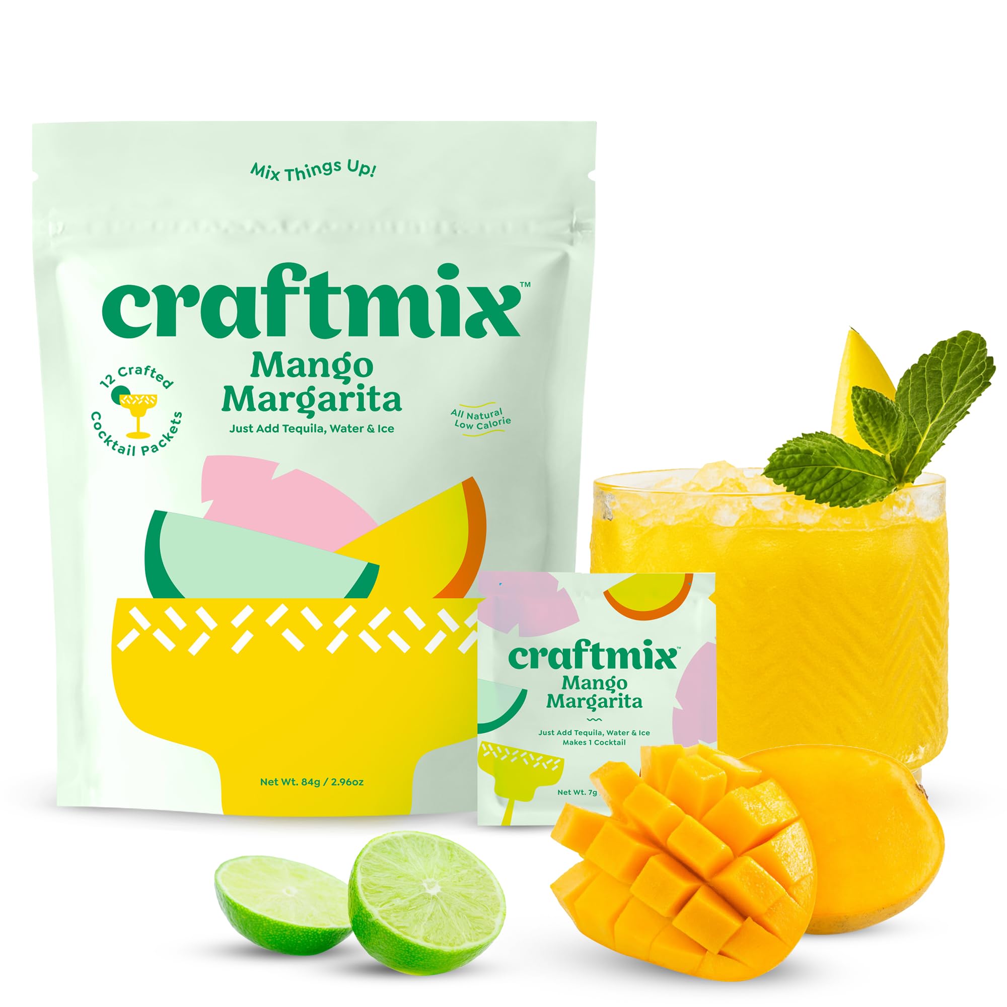 Craftmix Mango Margarita Cocktail & Mocktail Drink Mixer, Skinny Mixes - Water Flavoring Packets - Made With Real Fruit - Vegan, Low-Carb, Low-Sugar