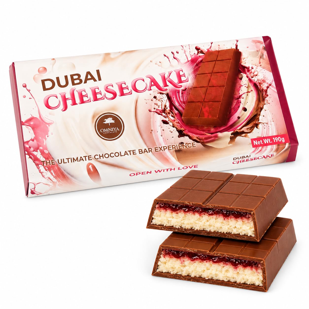 OMNIYA Delicacy Dubai Chocolate Bar Strawberry Cheesecake Kunafa (190g) - Strawberry Cheesecake Cream Layer and Belgian Milk Chocolate - Middle