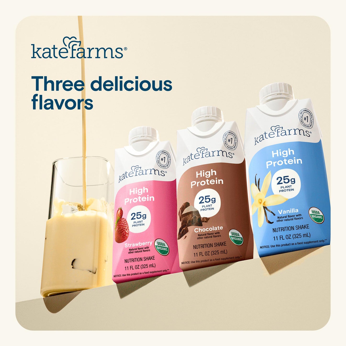 KATE FARMS Organic High Protein Vanilla Nutrition Shake, 25g Protein, 6g Fiber, 27 Vitamins and Minerals, 0g Sugar, Protein Drink, 11 oz (12 Pack)