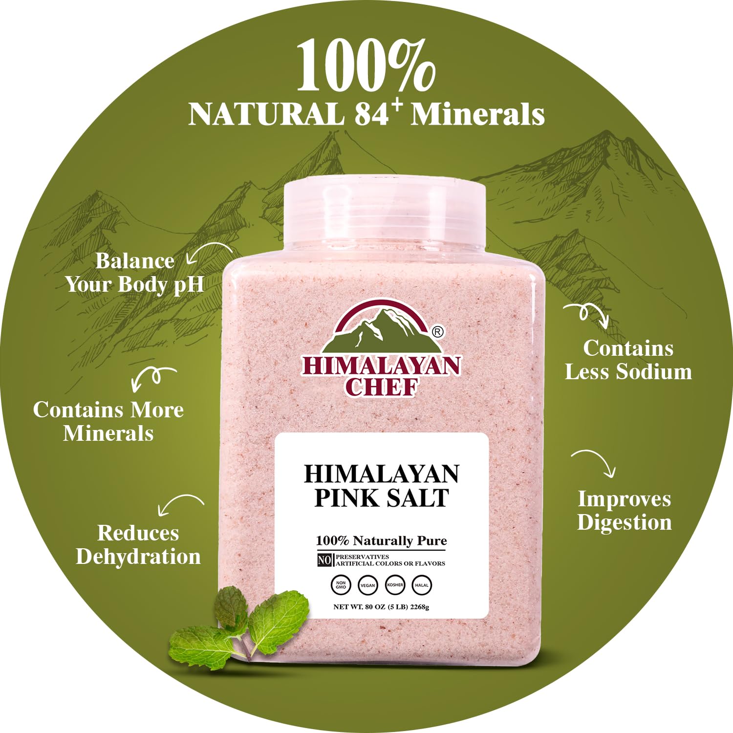 Himalayan Chef Pink Salt Fine Plastic Jar 5 Lbs, Pure 100% Natural Gourmet Pink Salt, Add Essential Minerals | Perfect for cooking & Seasoning, Pack