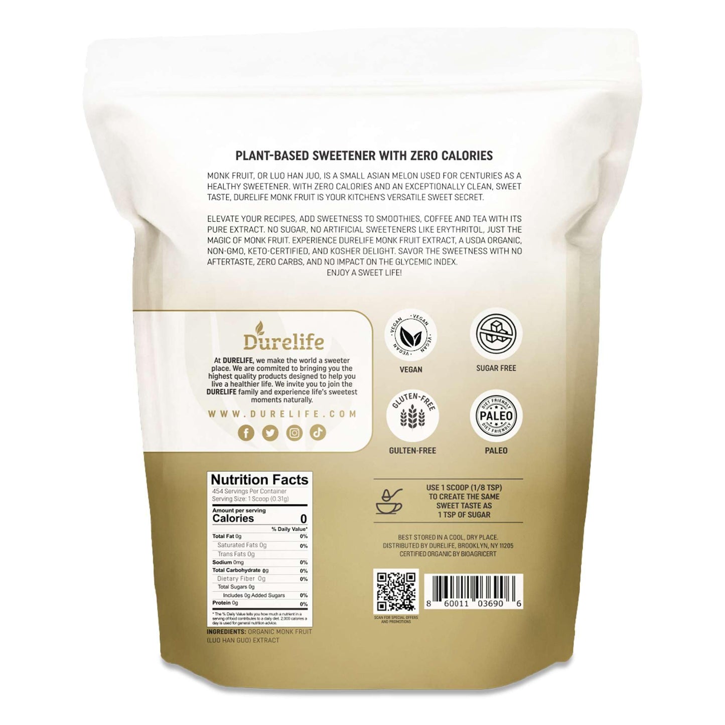 Durelife Organic 100% Pure Monk Fruit sweetener, No Erythritol, Monkfruit Extract Powder, USDA organic NON-GMO Project Verified, Keto Certified, OU kosher No Fillers Zero Calorie Sugar Substitute 5 OZ