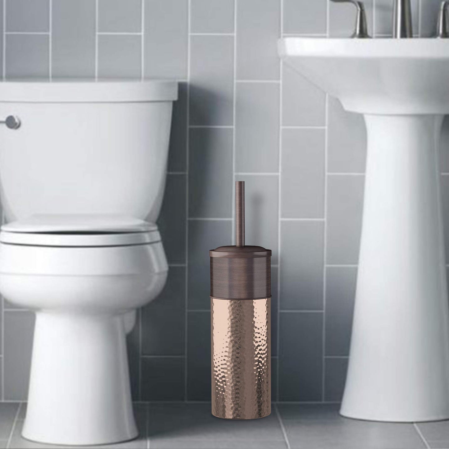 nu steel Round Shape Stainless Steel Toilet Brush Holder for Bathroom Copper Color Finish Comes with a Complete Plastic Liner Inside to Prevent