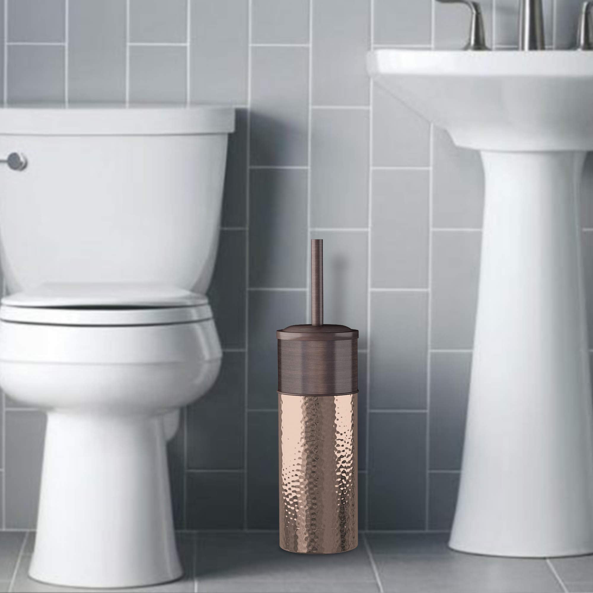 nu steel Round Shape Stainless Steel Toilet Brush Holder for Bathroom Copper Color Finish Comes with a Complete Plastic Liner Inside to Prevent